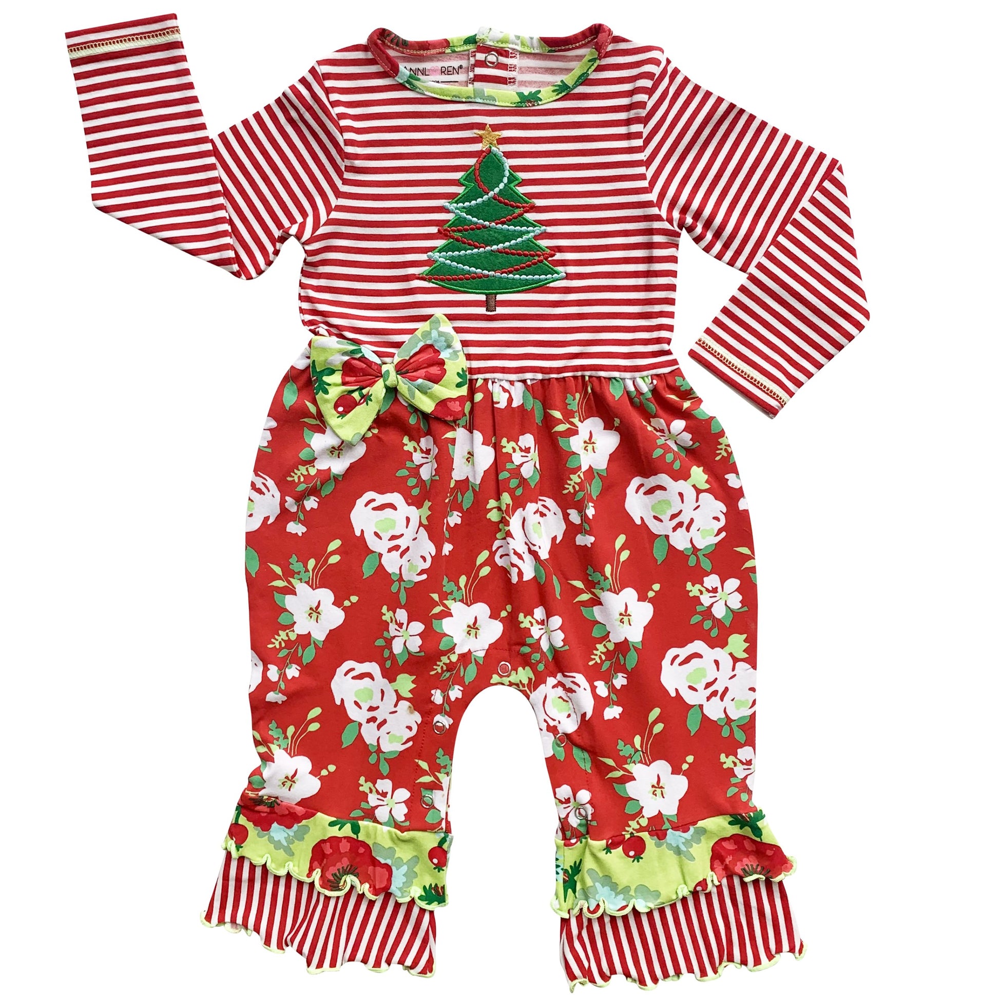 AnnLoren Baby Girls Merry Christmas Tree Holiday Floral Toddler Romper - Craze Trends