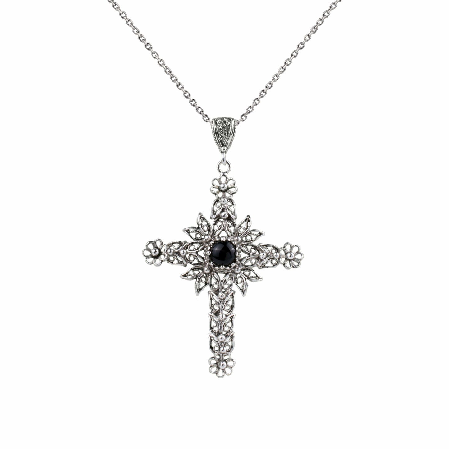 Filigree Art Black Onyx Gemstone Women Silver Cross Pendant Necklace