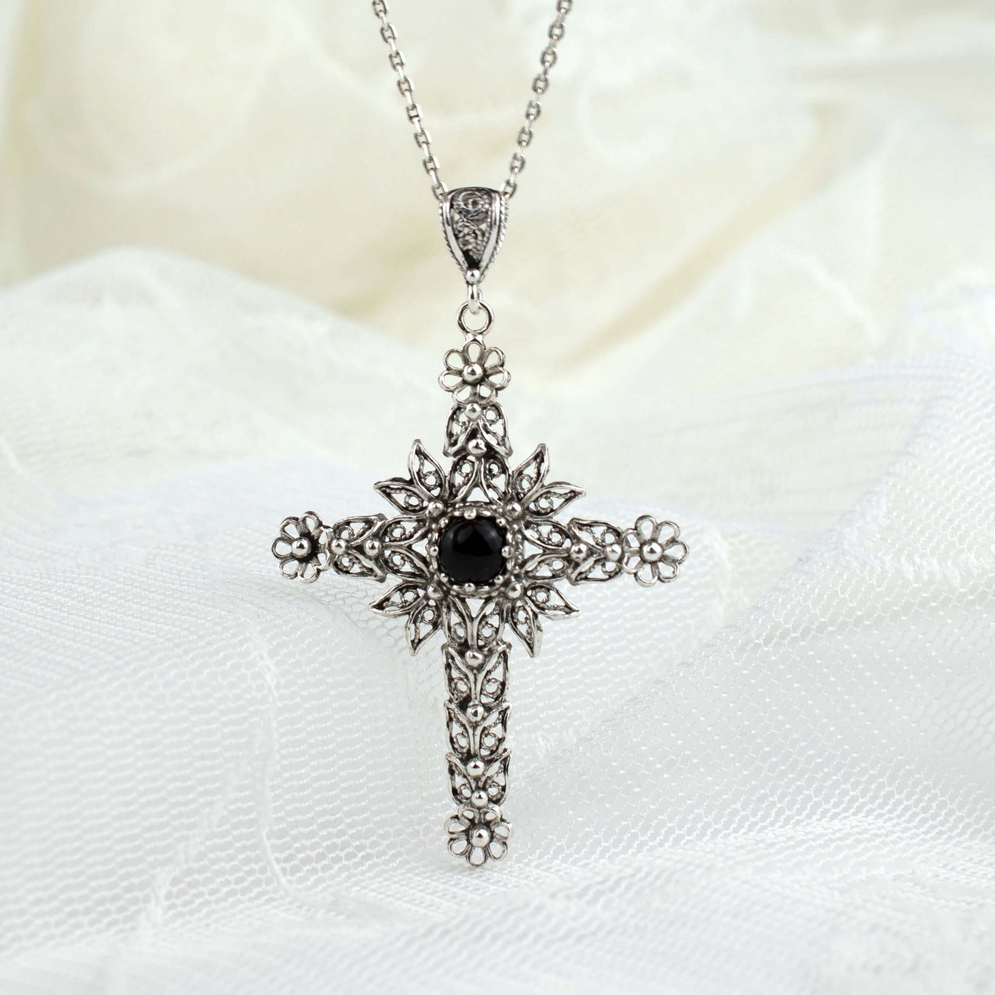 Filigree Art Black Onyx Gemstone Women Silver Cross Pendant Necklace