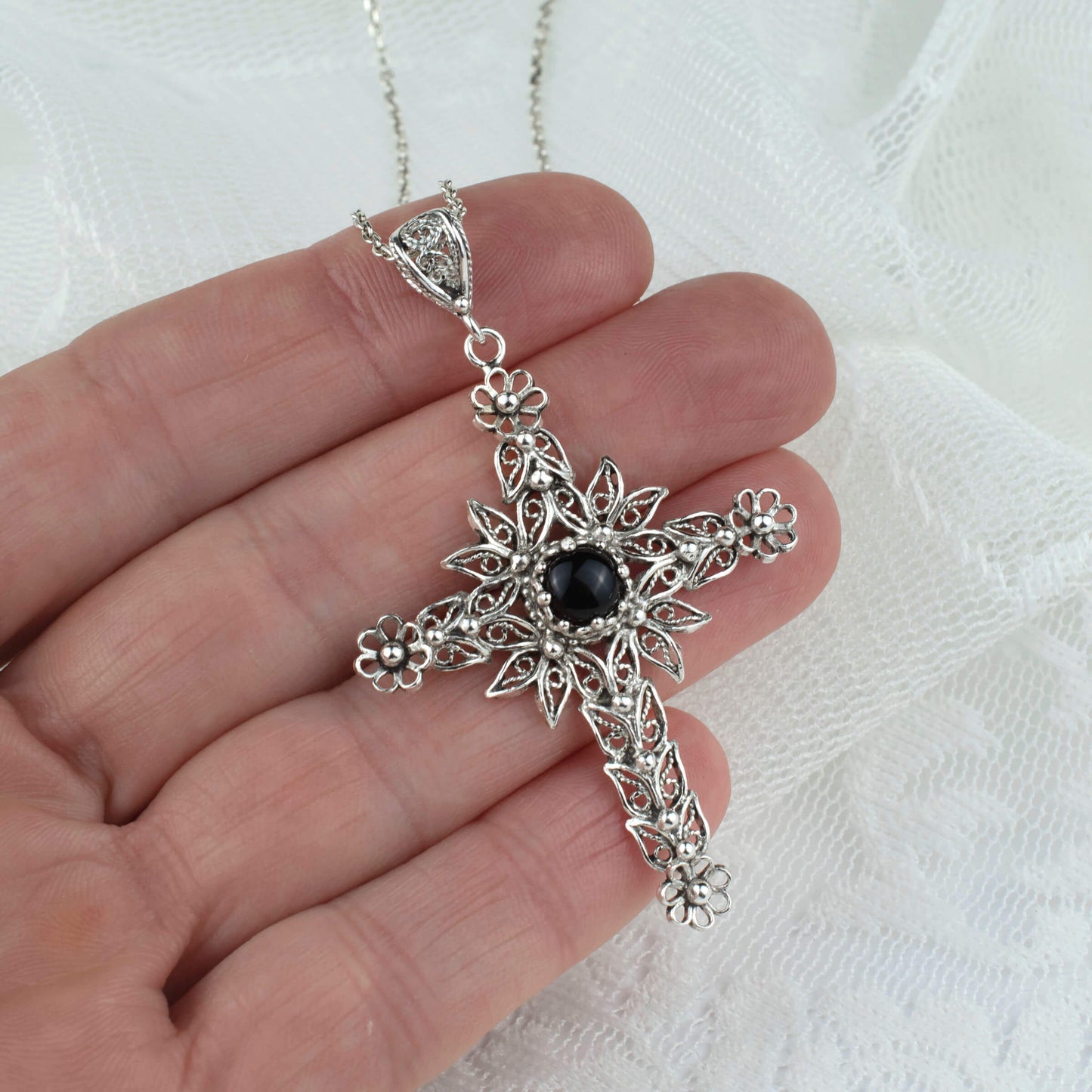 Filigree Art Black Onyx Gemstone Women Silver Cross Pendant Necklace