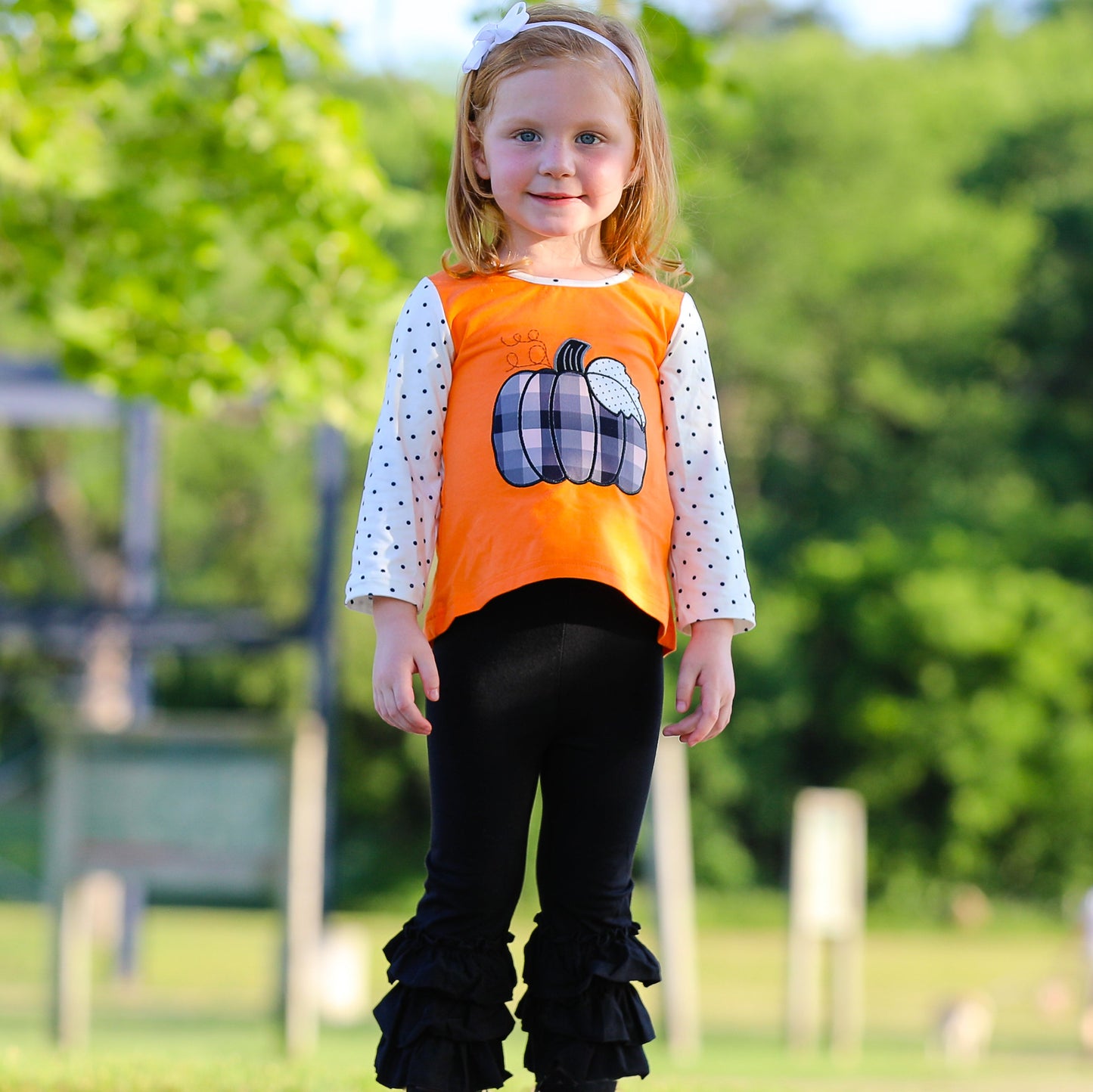 Girls Orange Pumpkin Top & Black Ruffle Pants Halloween Thanksgiving - Craze Trends