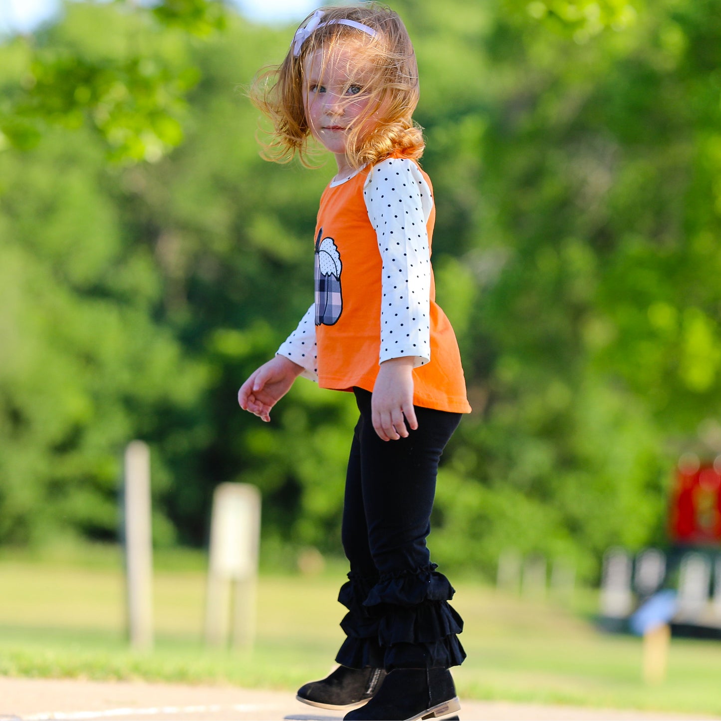 Girls Orange Pumpkin Top & Black Ruffle Pants Halloween Thanksgiving - Craze Trends