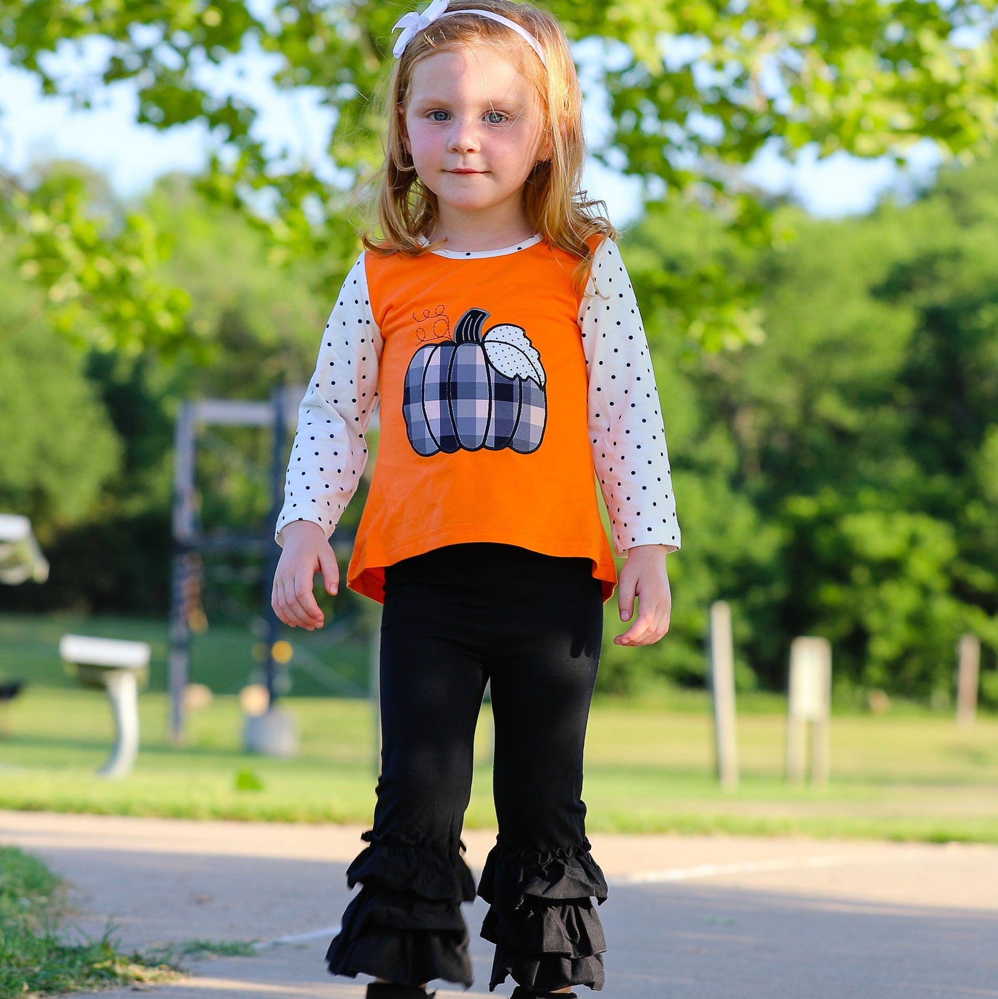 Girls Orange Pumpkin Top & Black Ruffle Pants Halloween Thanksgiving - Craze Trends