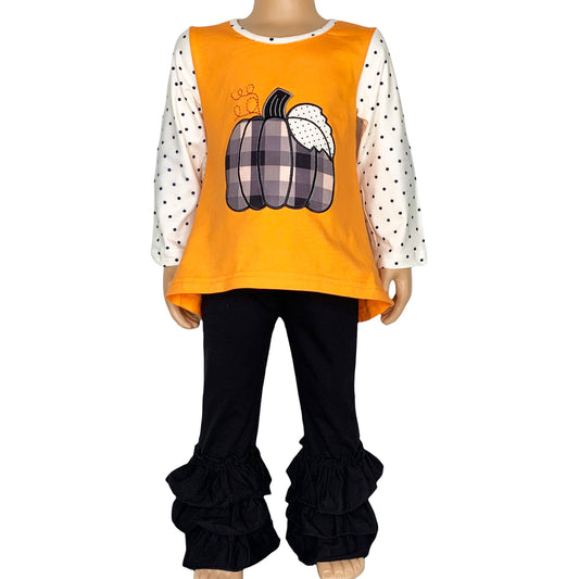 Girls Orange Pumpkin Top & Black Ruffle Pants Halloween Thanksgiving - Craze Trends