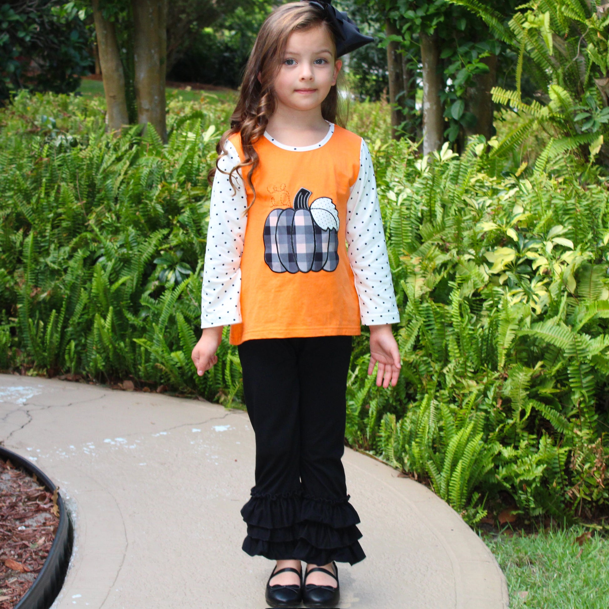 Girls Orange Pumpkin Top & Black Ruffle Pants Halloween Thanksgiving - Craze Trends