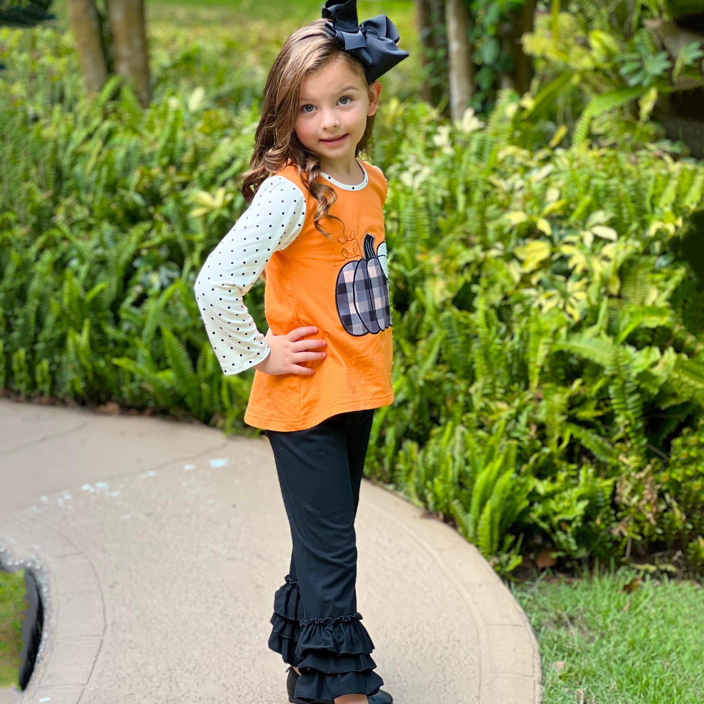 Girls Orange Pumpkin Top & Black Ruffle Pants Halloween Thanksgiving - Craze Trends