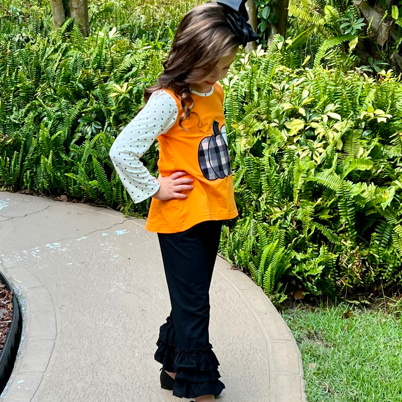 Girls Orange Pumpkin Top & Black Ruffle Pants Halloween Thanksgiving - Craze Trends