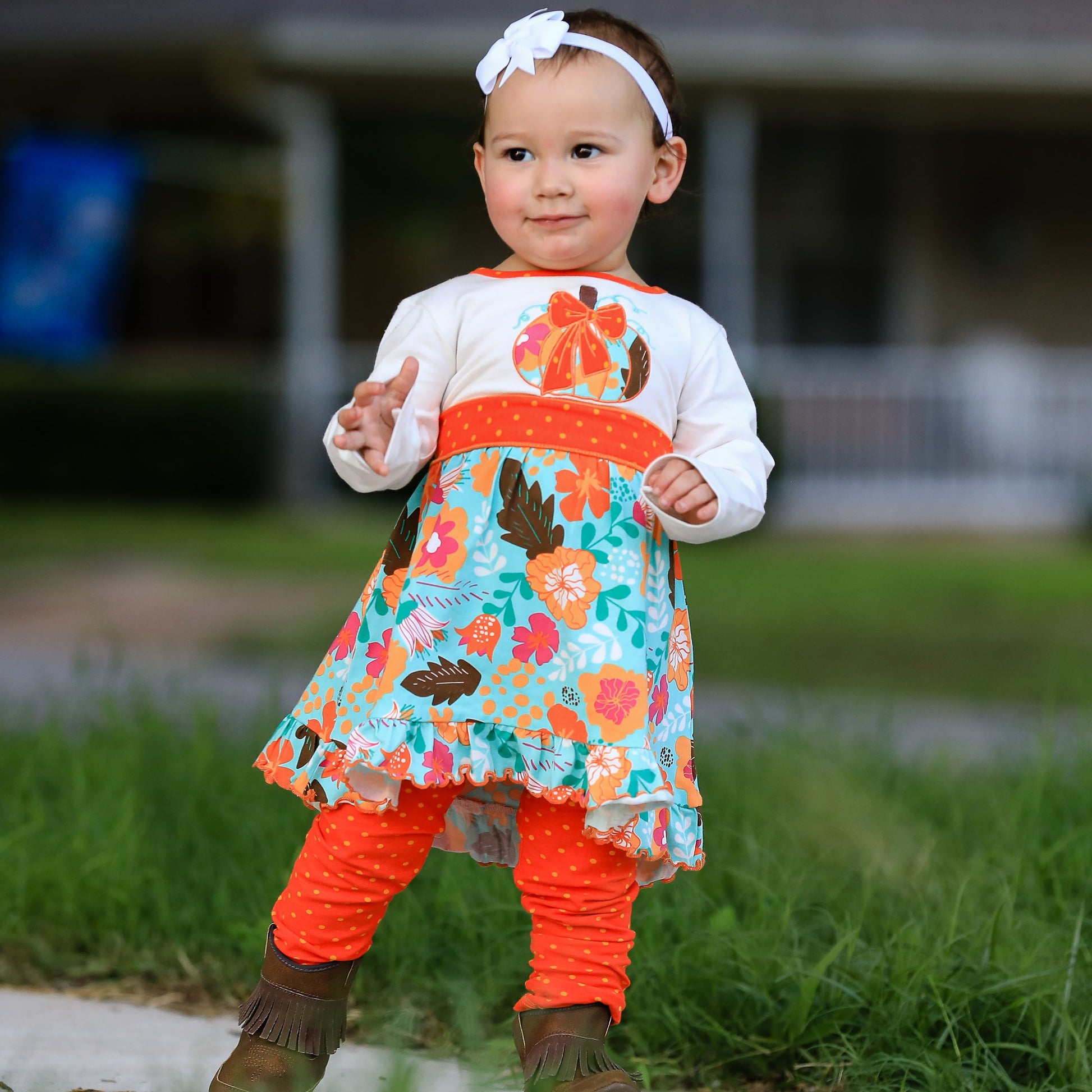 Girls Vibrant Autumn Floral Pumpkin Thanksgiving Dress & Leggings - Craze Trends