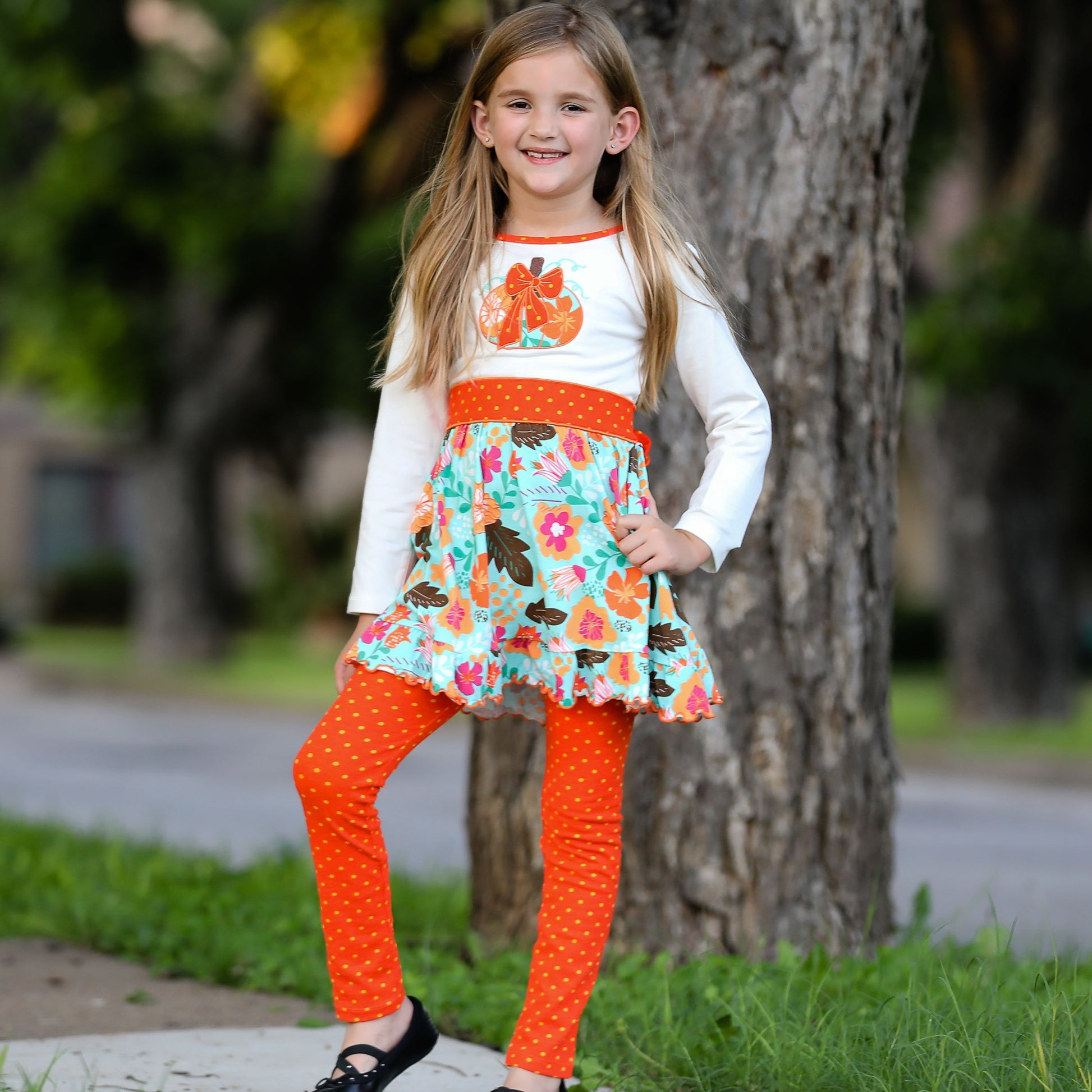 Girls Vibrant Autumn Floral Pumpkin Thanksgiving Dress & Leggings - Craze Trends