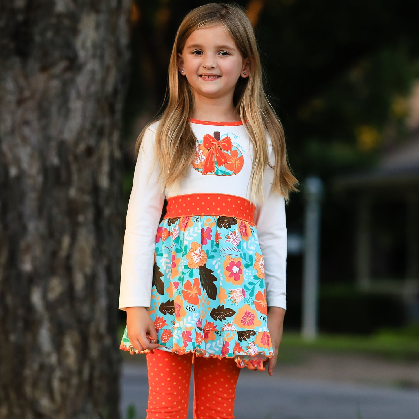 Girls Vibrant Autumn Floral Pumpkin Thanksgiving Dress & Leggings - Craze Trends