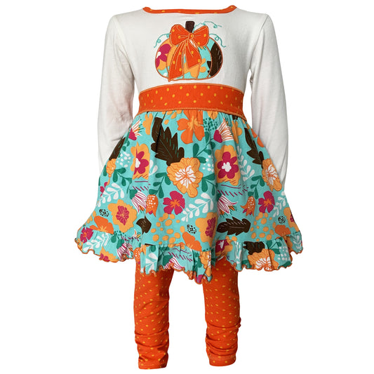 Girls Vibrant Autumn Floral Pumpkin Thanksgiving Dress & Leggings - Craze Trends