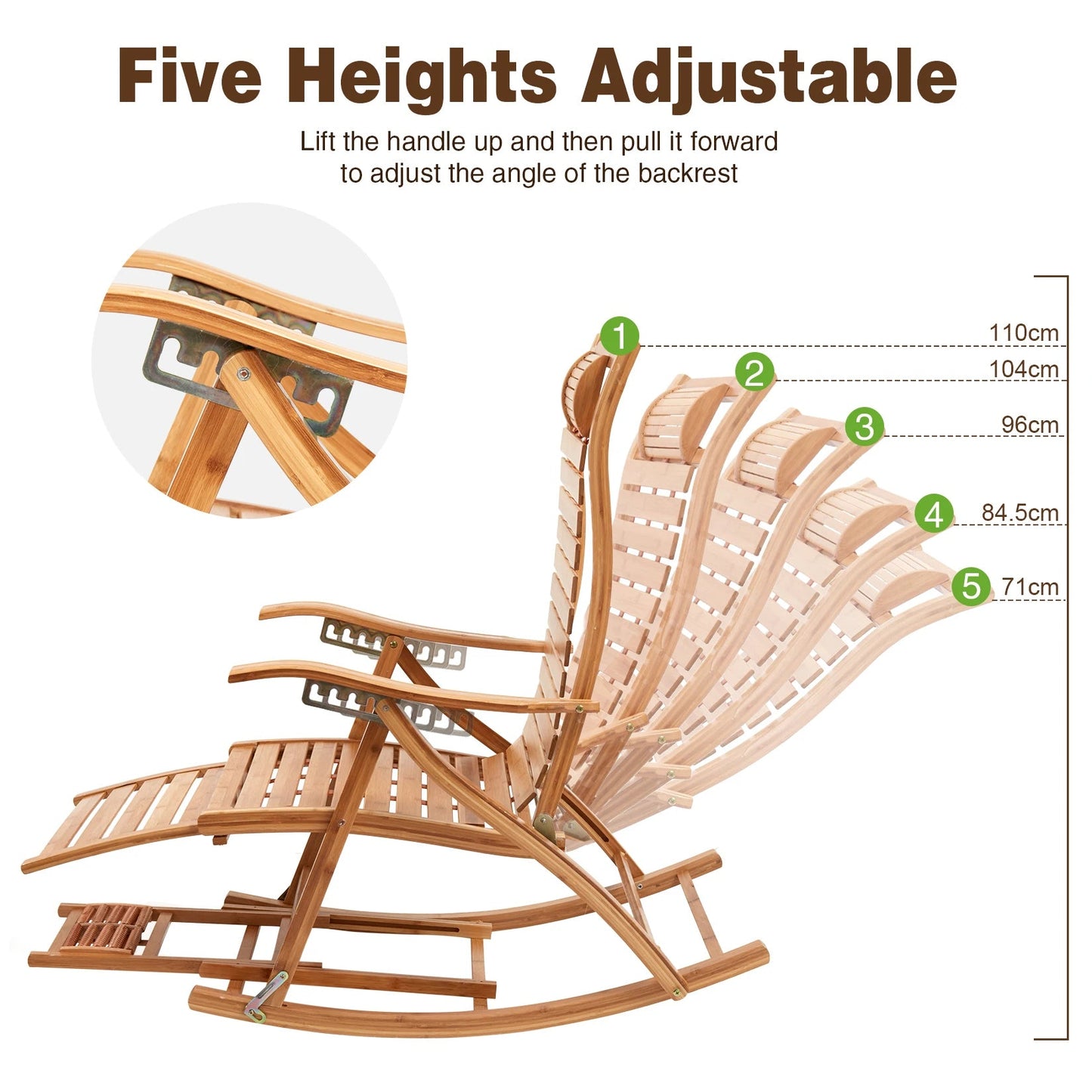 Heavy Duty Bamboo Rocking Chair Adjustable Lounge Recliner Leisure