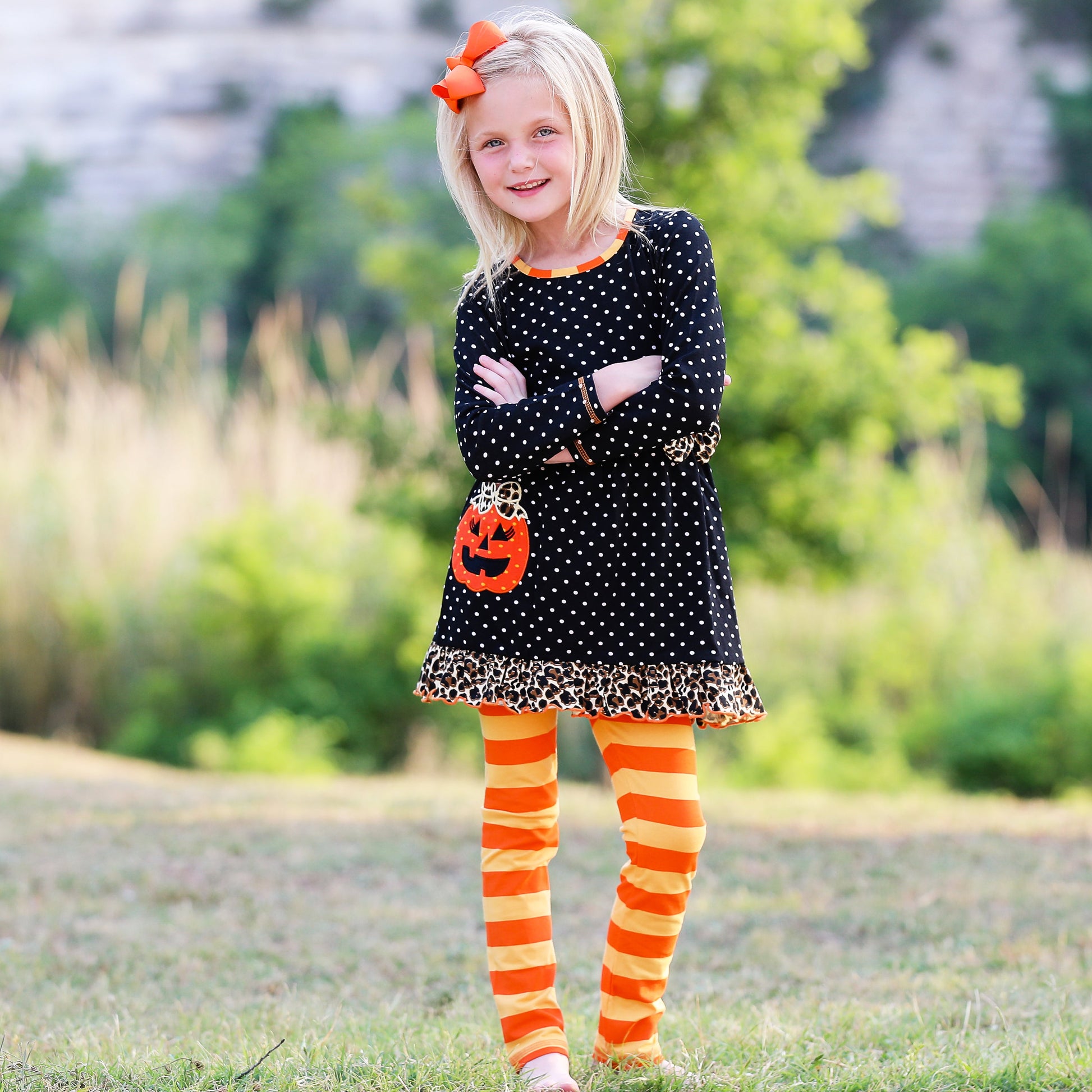 AnnLoren Girls' Halloween Orange Pumpkin Polka Dot Dress & Leggings - Craze Trends