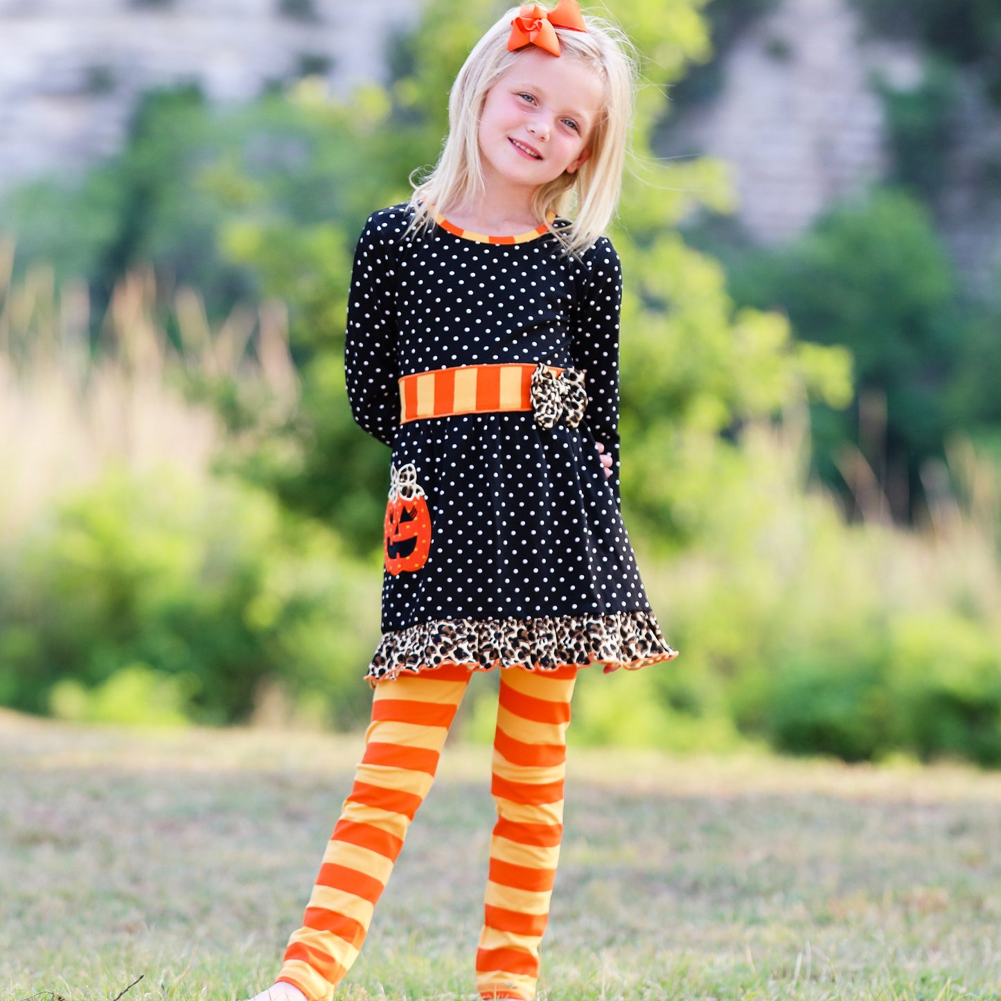 AnnLoren Girls' Halloween Orange Pumpkin Polka Dot Dress & Leggings - Craze Trends