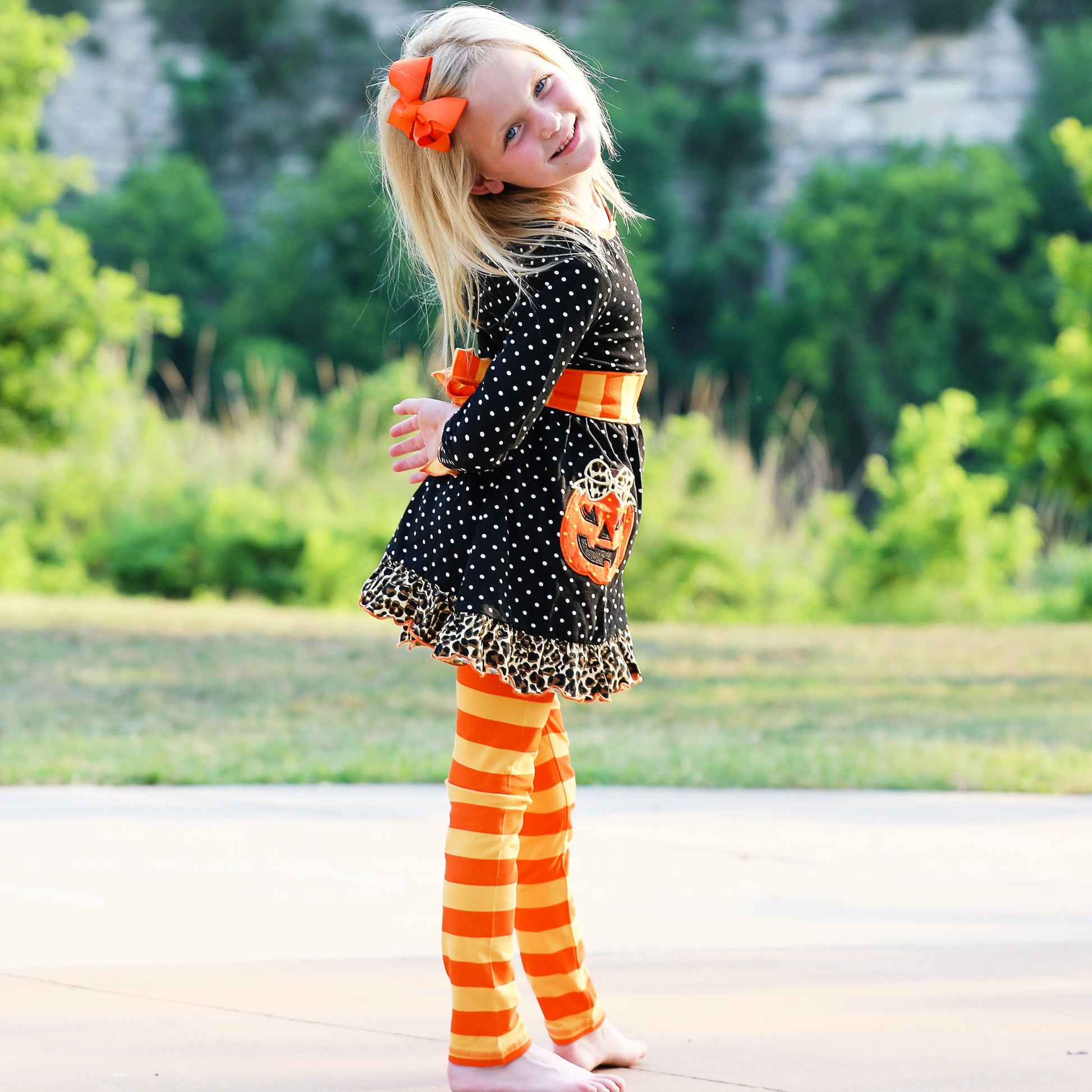 AnnLoren Girls' Halloween Orange Pumpkin Polka Dot Dress & Leggings - Craze Trends