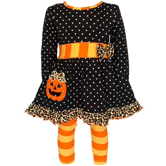 AnnLoren Girls' Halloween Orange Pumpkin Polka Dot Dress & Leggings - Craze Trends