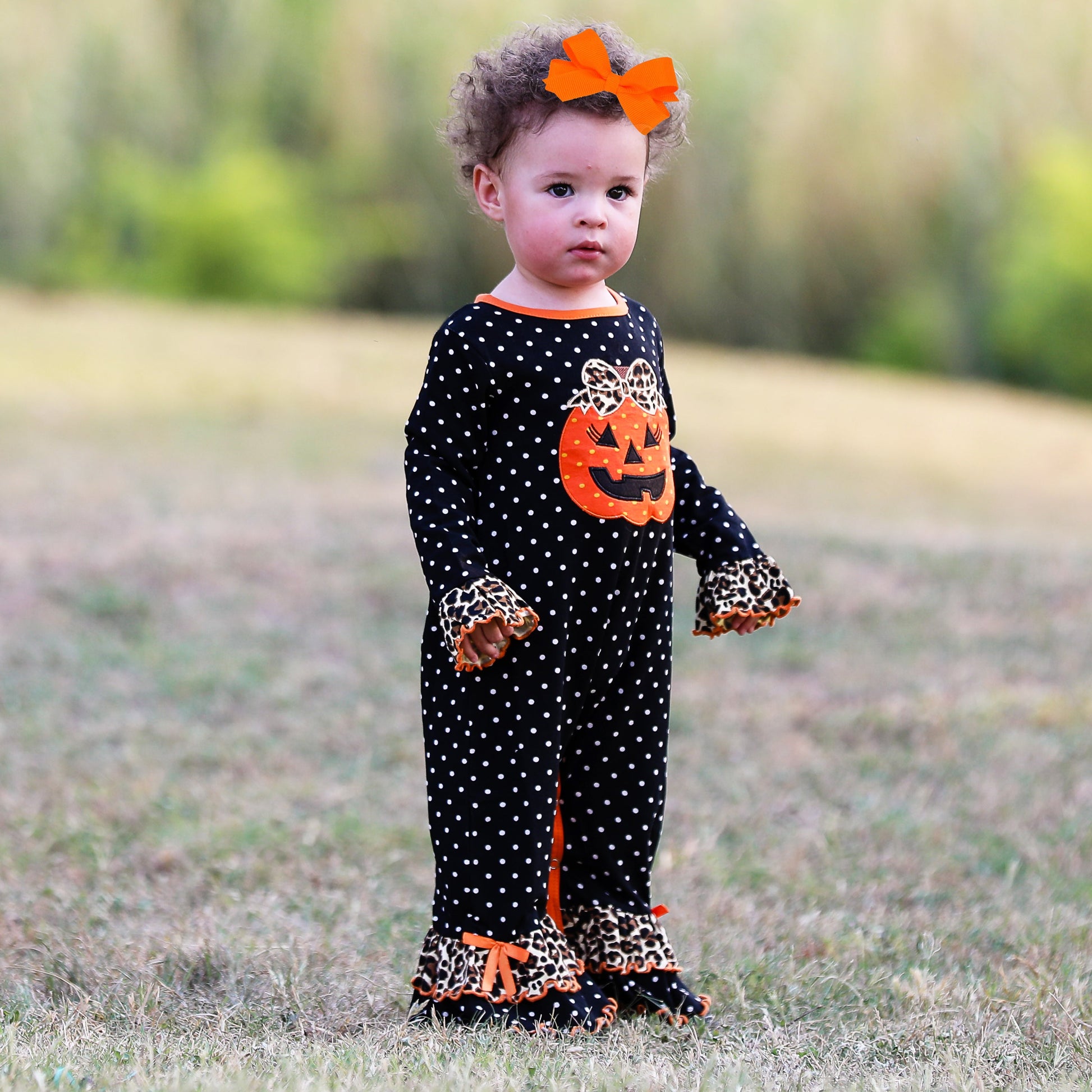 AnnLoren Baby Girls Orange pumpkin Jack O Lantern Halloween Romper - Craze Trends