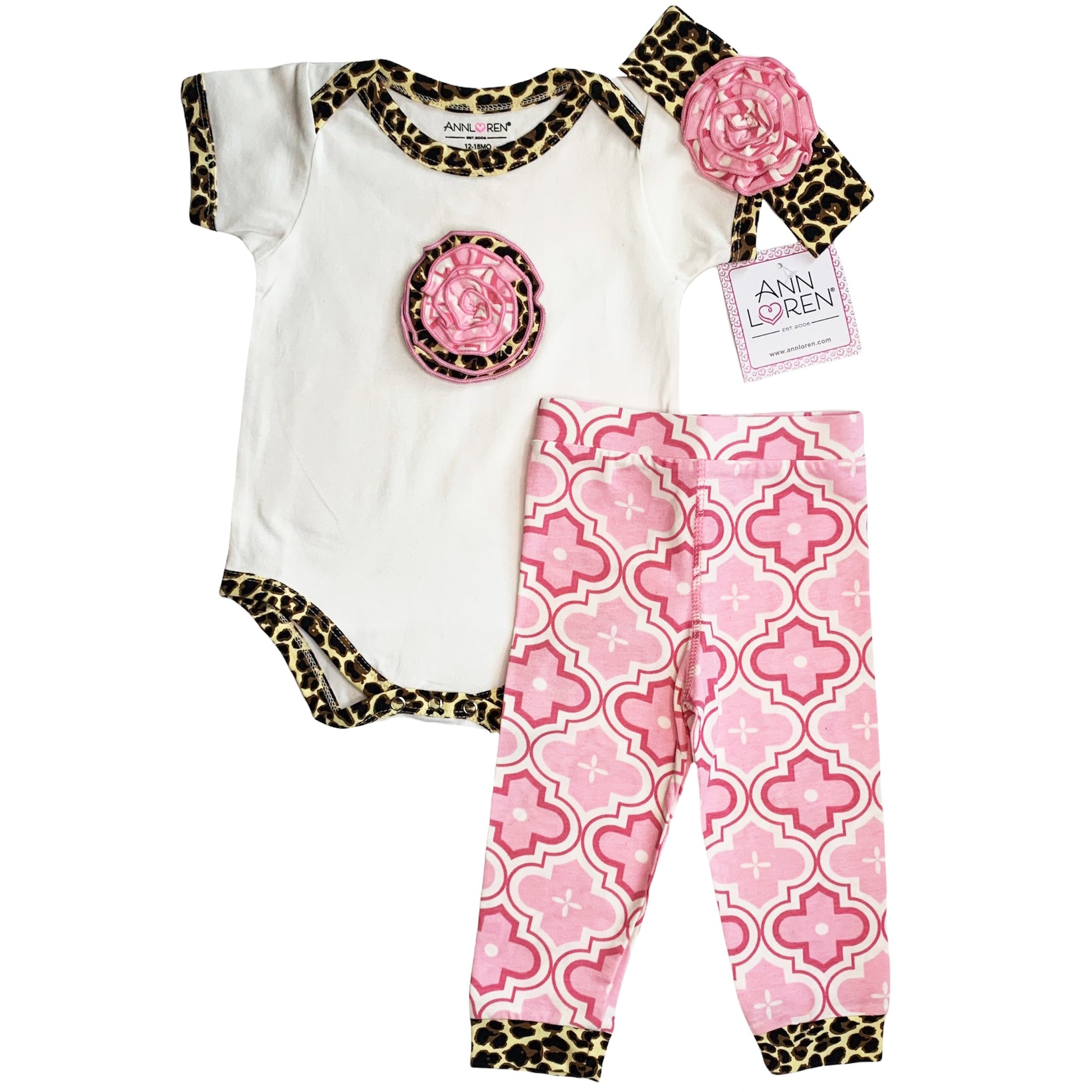 AnnLoren Baby Girls Layette Pink Leopard Onesie Pants Headband 3pc - Craze Trends