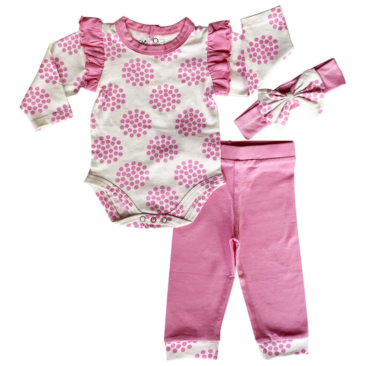 AnnLoren Baby Girls Layette Pink Polka Dot Onesie Pants Headband 3pc - Craze Trends