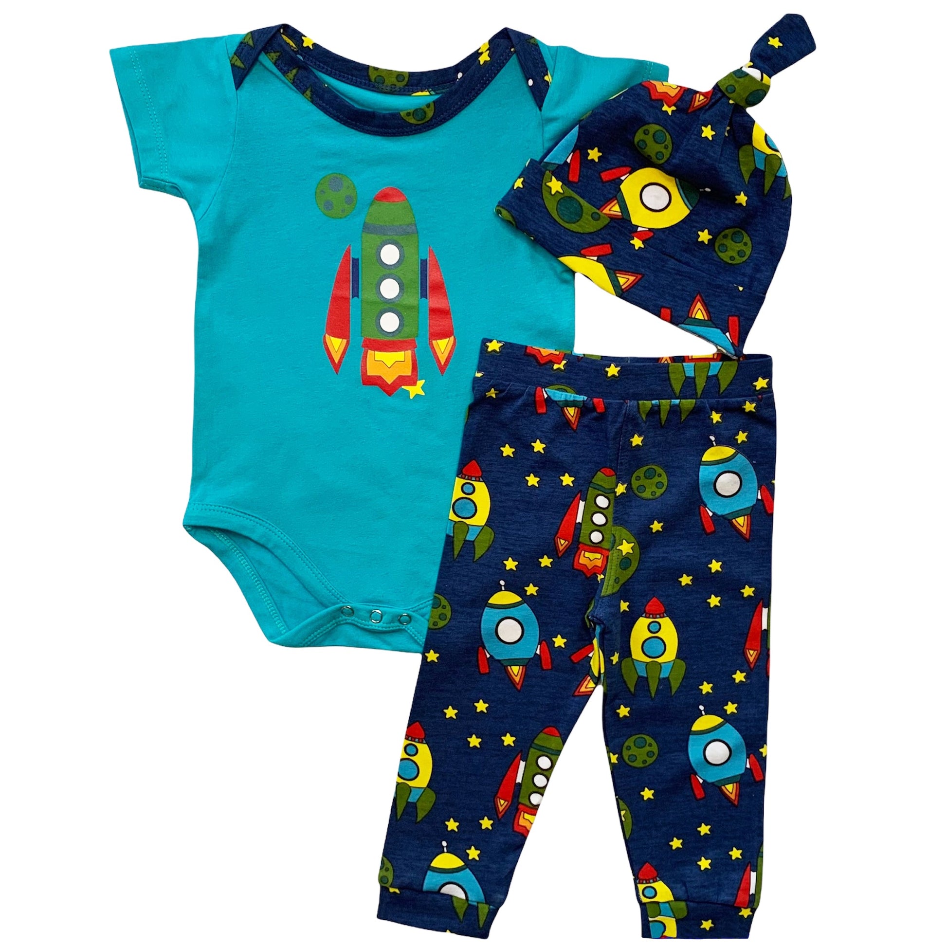 AnnLoren Baby Boys Layette Space Ship Onesie Pants Cap 3pc Gift Set - Craze Trends