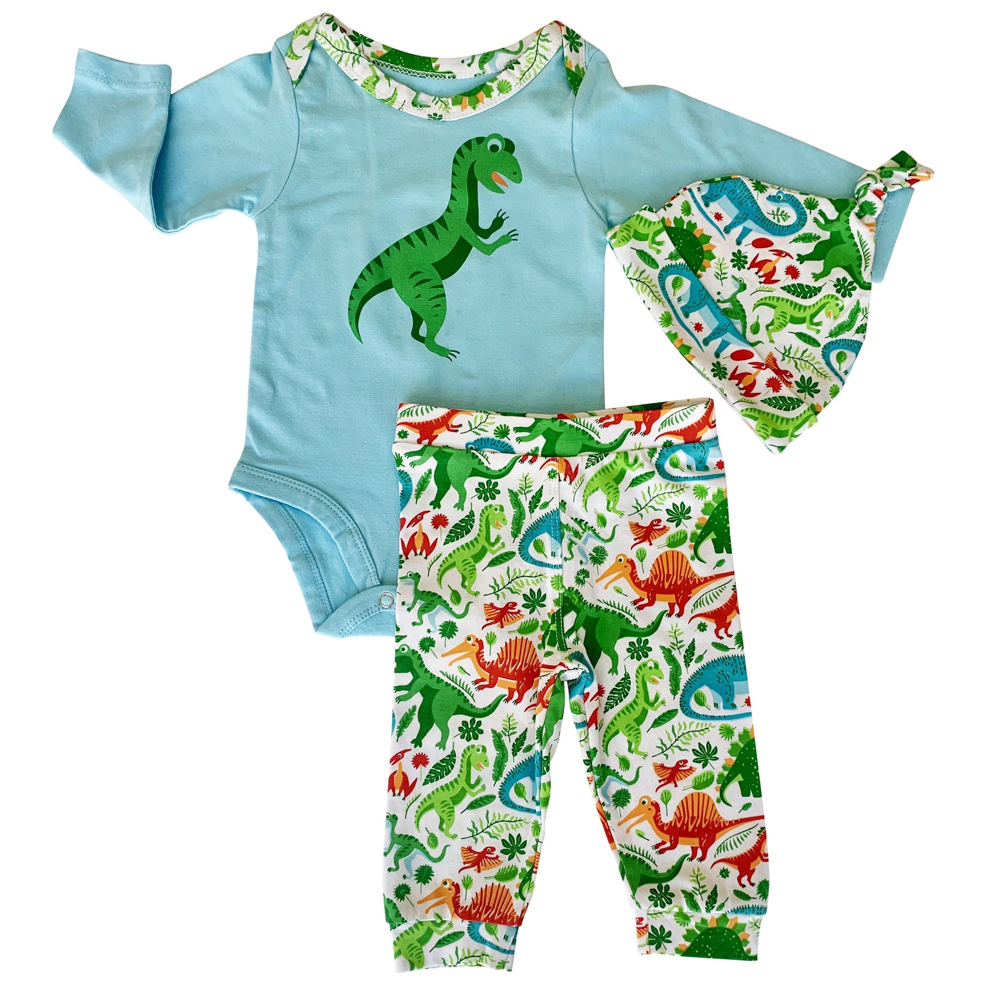 AnnLoren Baby Layette Boys Dinosaur Long Sleeve Onesie Pants Cap 3pc - Craze Trends