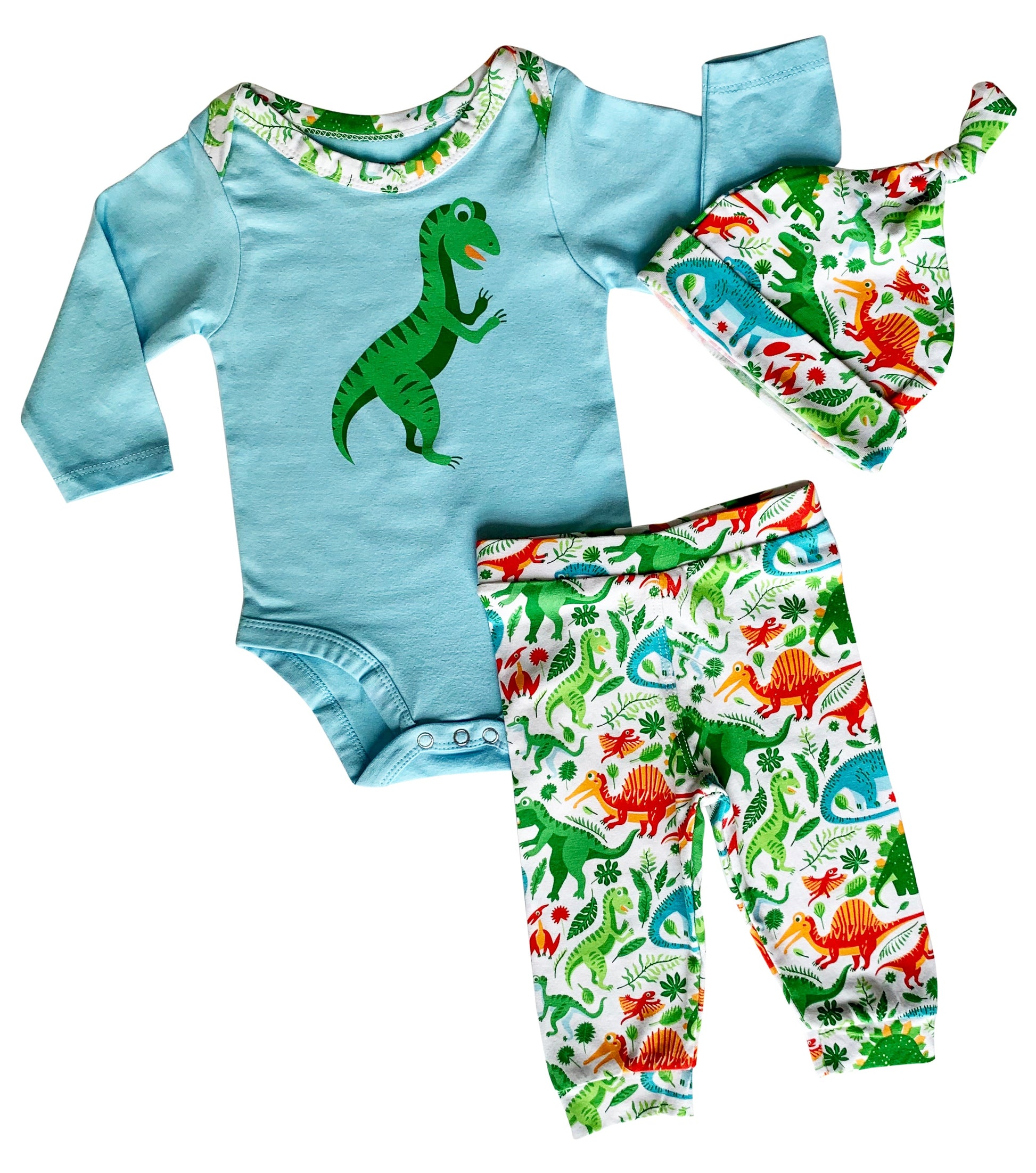 AnnLoren Baby Layette Boys Dinosaur Long Sleeve Onesie Pants Cap 3pc - Craze Trends