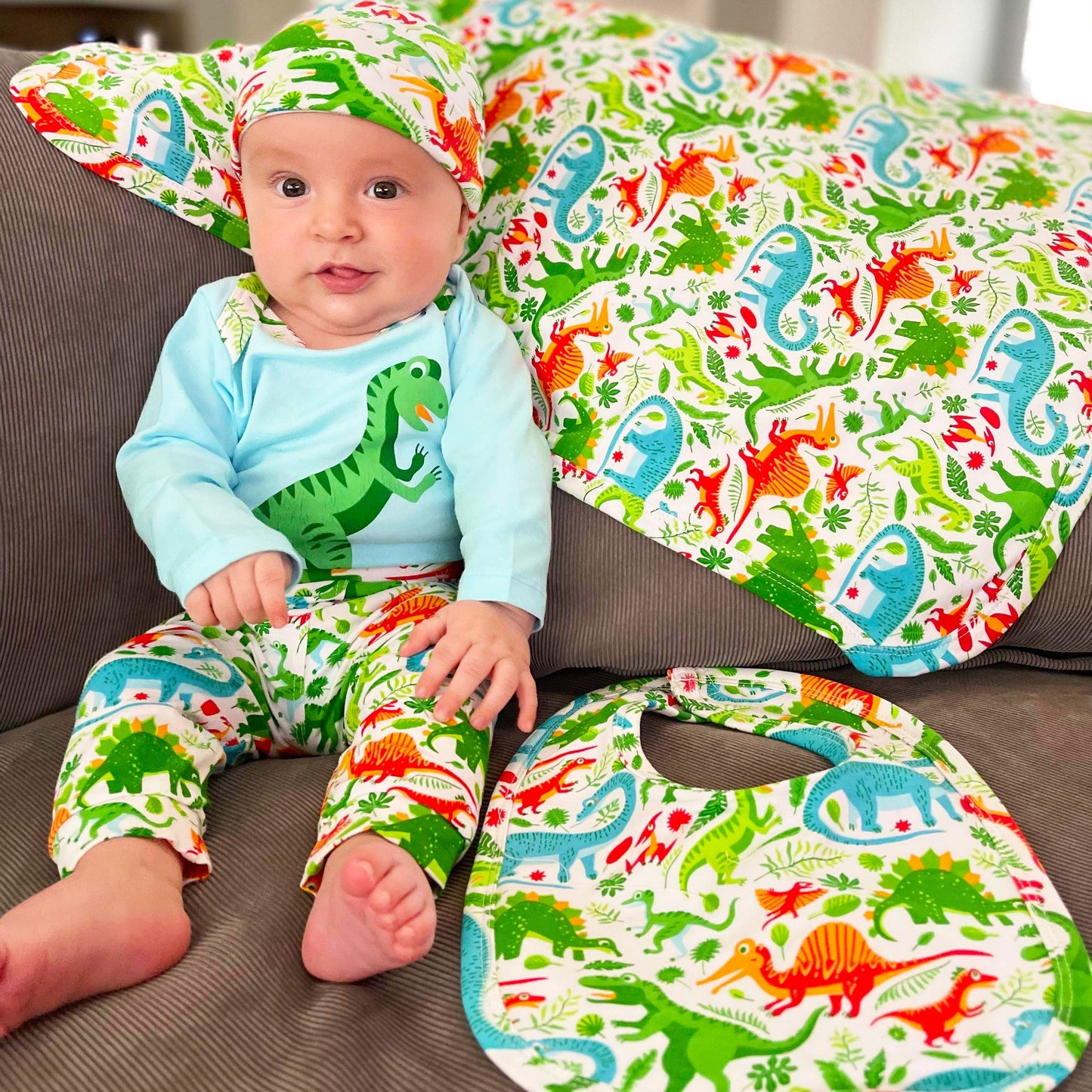 AnnLoren Baby Layette Boys Dinosaur Long Sleeve Onesie Pants Cap 3pc - Craze Trends