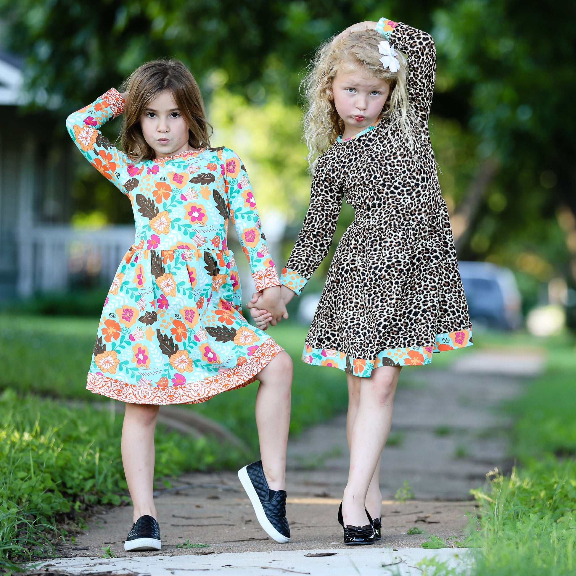 AnnLoren Little & Big Girls Long Sleeve Leopard Rose Fall Floral Dress - Craze Trends