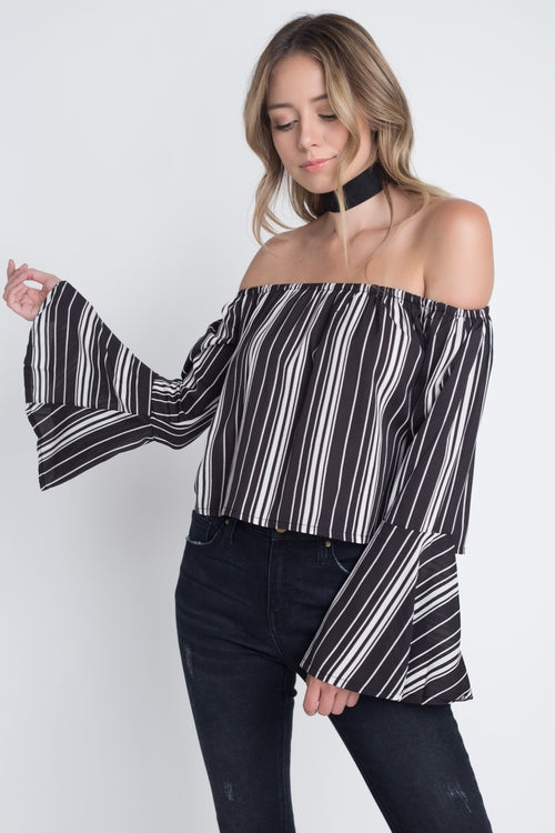 Women's Off Shoulder Casual Stripe Bell Sleeve Top - Craze Trends