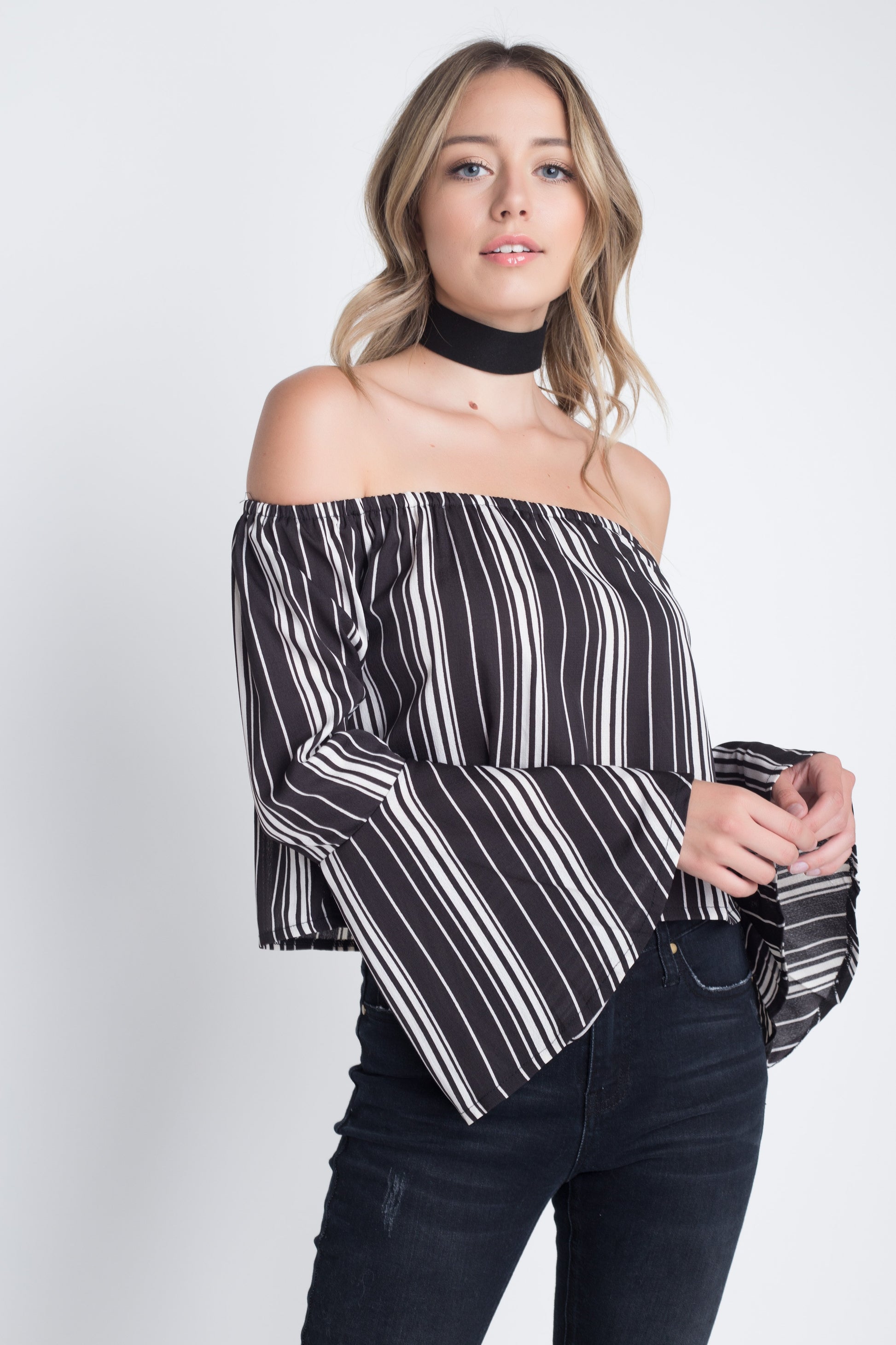 Women's Off Shoulder Casual Stripe Bell Sleeve Top - Craze Trends