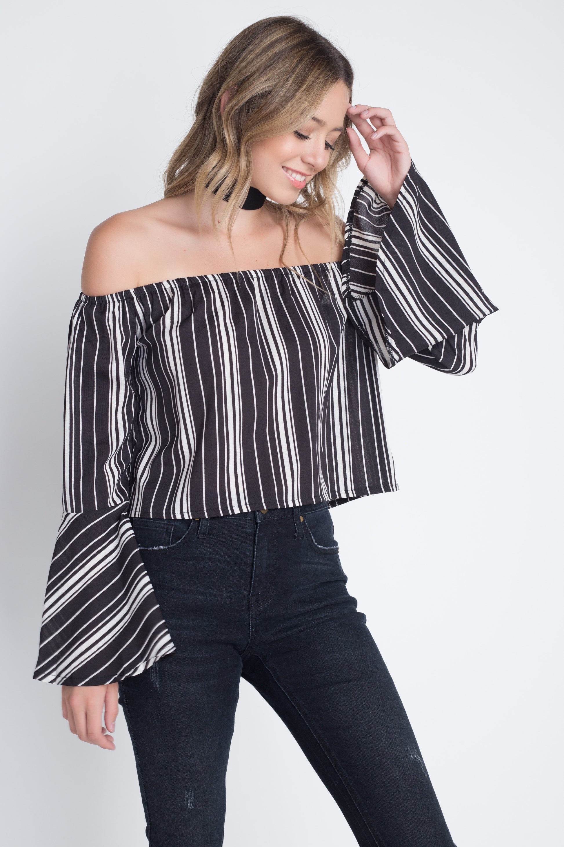 Women's Off Shoulder Casual Stripe Bell Sleeve Top - Craze Trends