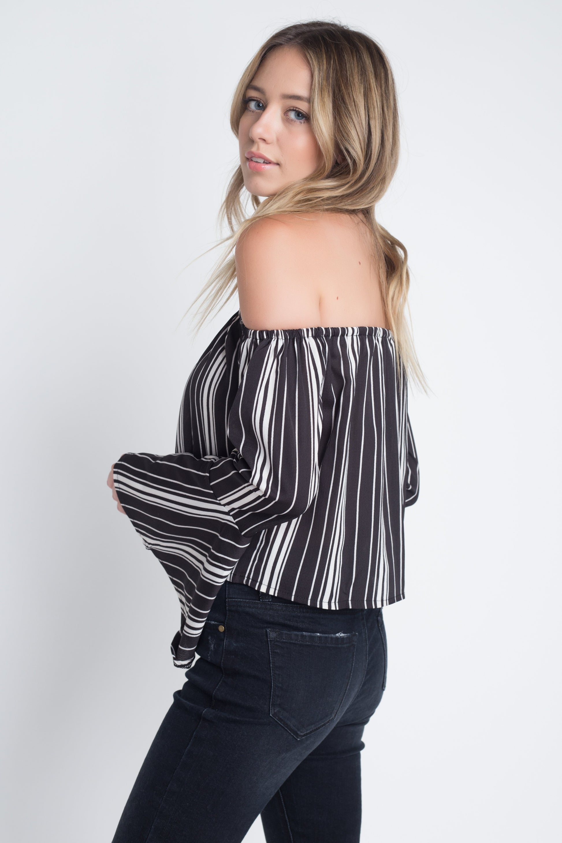 Women's Off Shoulder Casual Stripe Bell Sleeve Top - Craze Trends