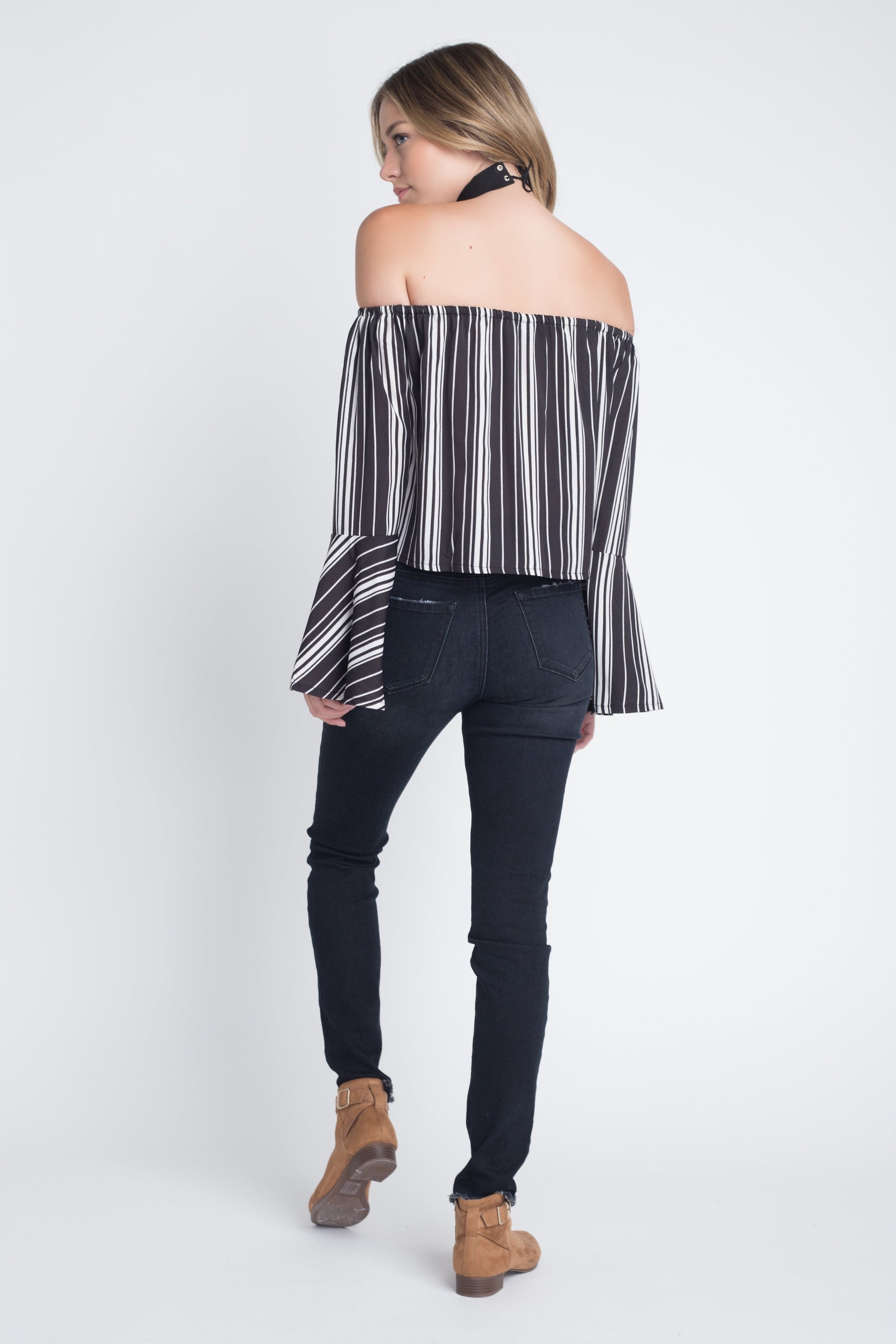 Women's Off Shoulder Casual Stripe Bell Sleeve Top - Craze Trends