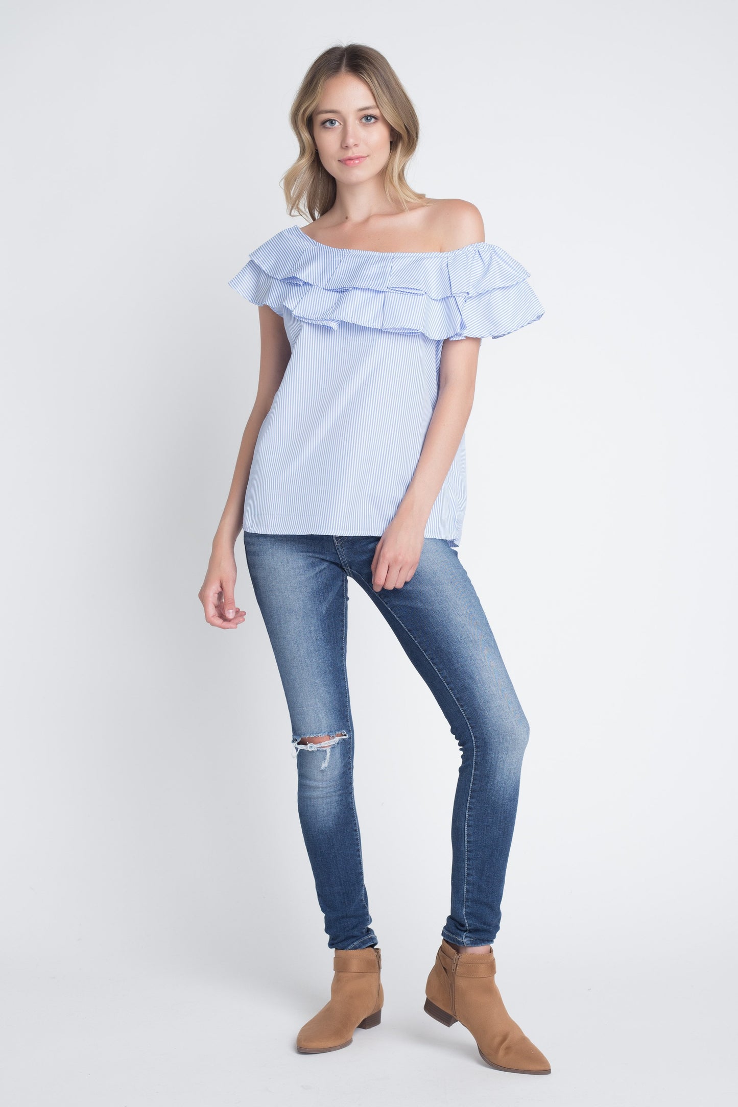 Women's Striped Off Shoulder Ruffle Stripe Blouse - Craze Trends