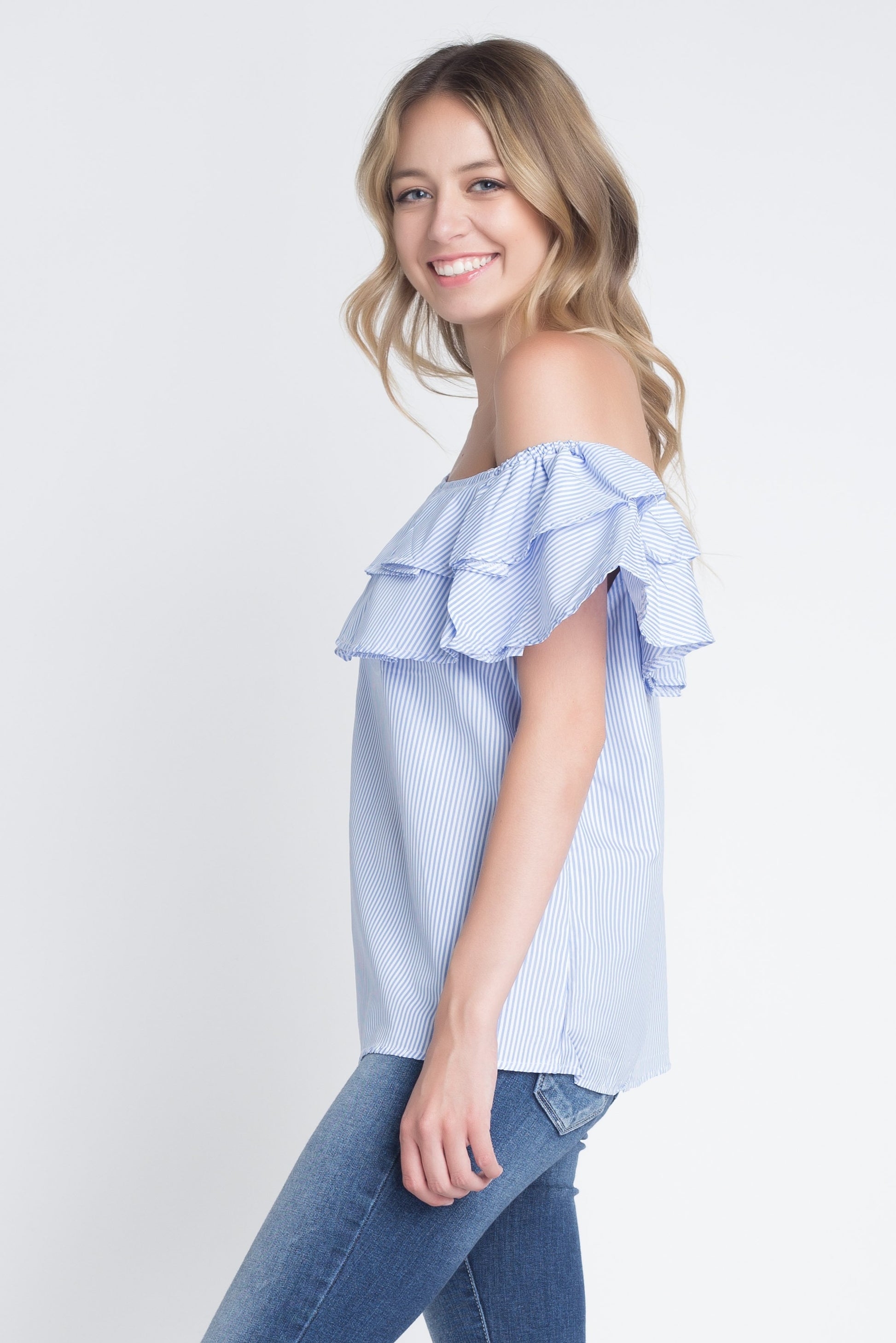 Women's Striped Off Shoulder Ruffle Stripe Blouse - Craze Trends