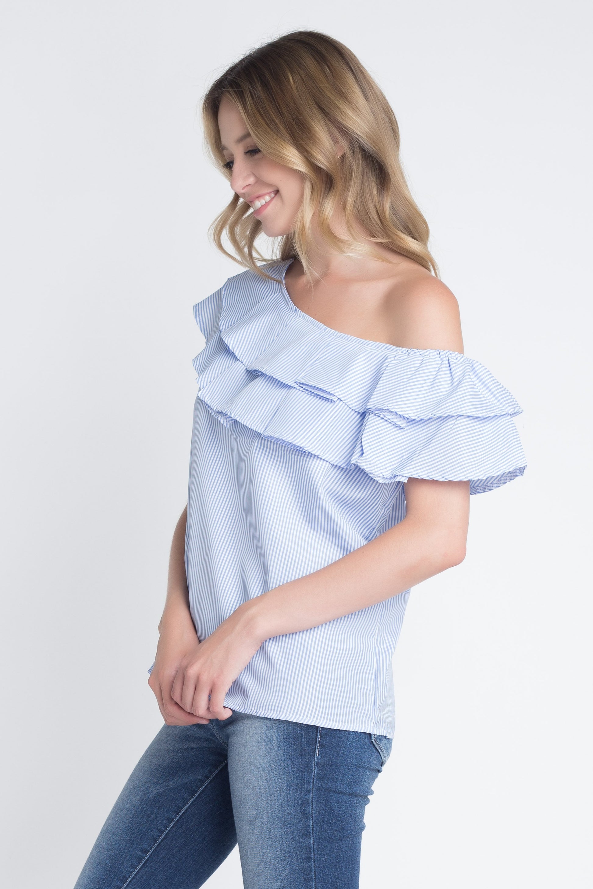 Women's Striped Off Shoulder Ruffle Stripe Blouse - Craze Trends