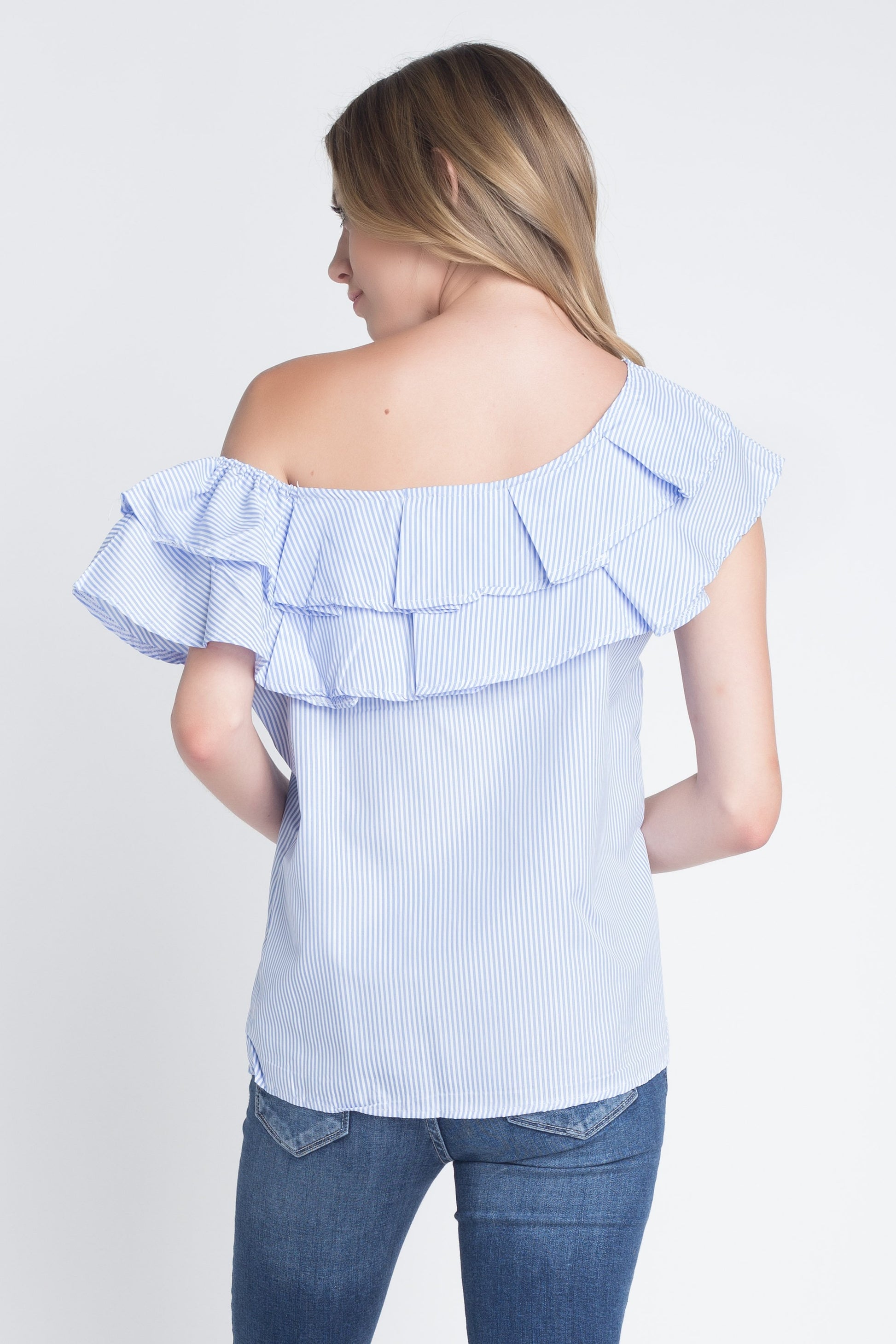 Women's Striped Off Shoulder Ruffle Stripe Blouse - Craze Trends