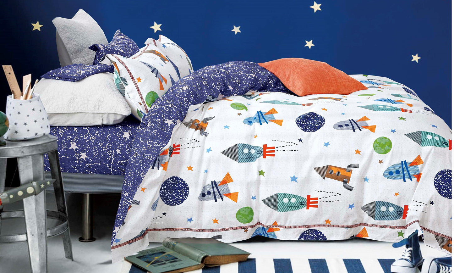 Johanas Rocket Ship Kids 100% Cotton Reversible Comforter Set - Craze Trends