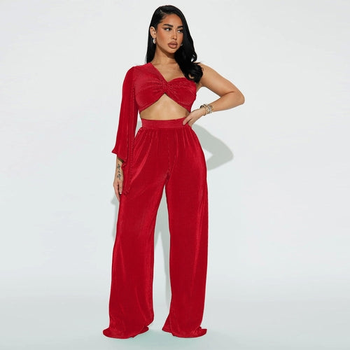 Autumn Sexy Shoulder Long Sleeve Top Trousers Two Piece Set - Craze Trends