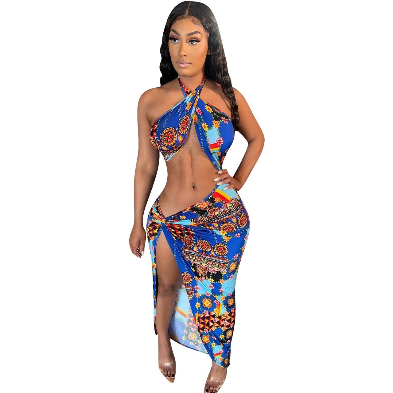 Women  Clothing  Irregular Slit Halter Navel-Exposed Fashion Printed