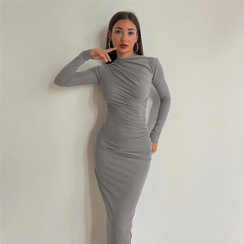 Autumn Winter Women Clothing Round Neck Long Sleeve Slim Sheath Solid - Craze Trends