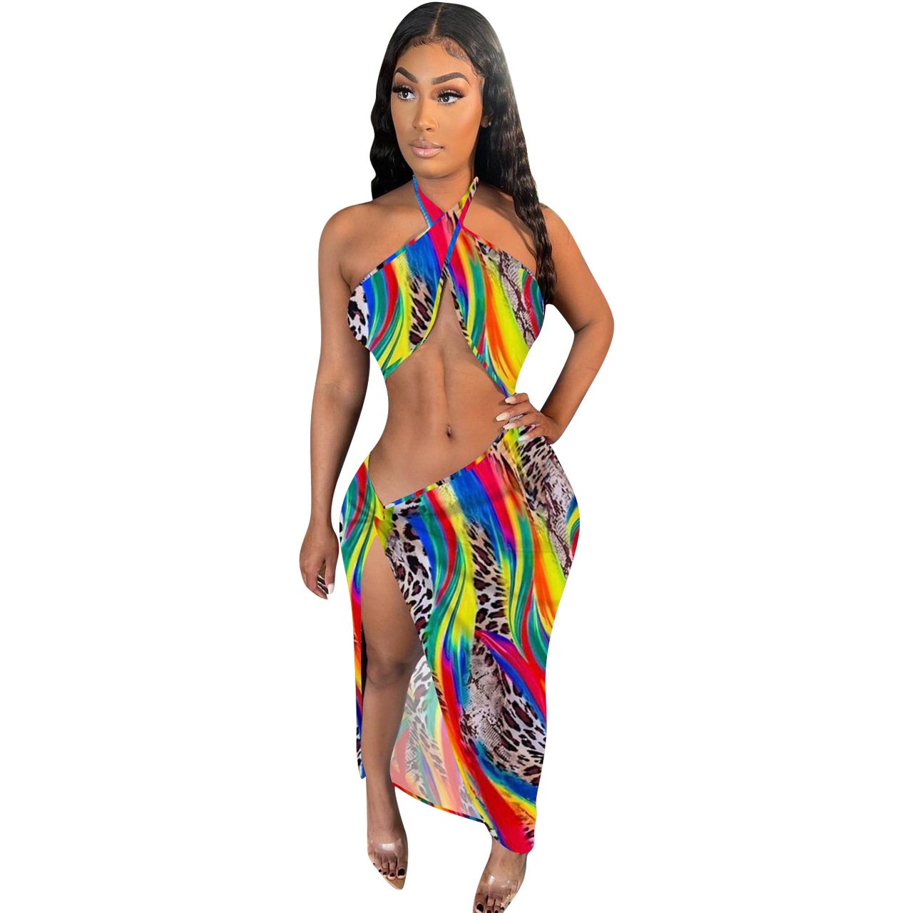 Women  Clothing  Irregular Slit Halter Navel-Exposed Fashion Printed