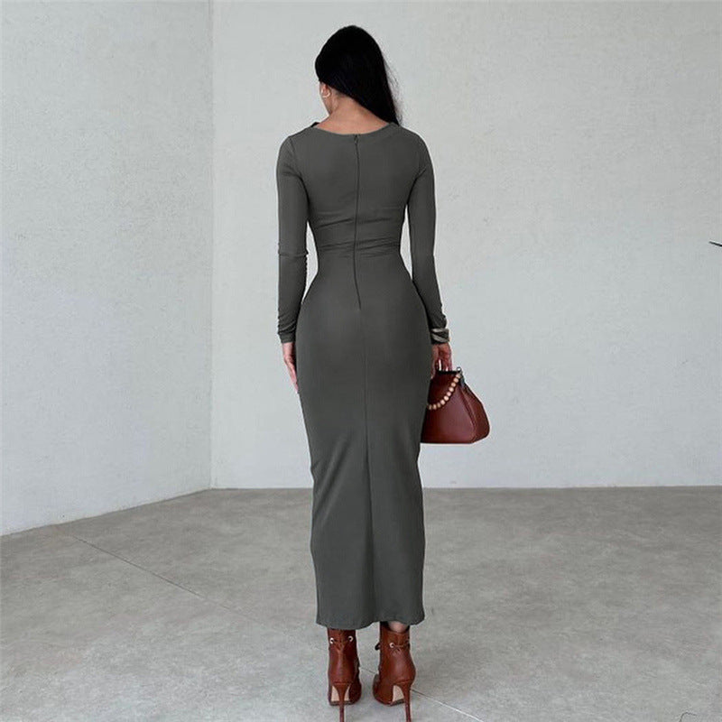 Autumn Winter Women Clothing Round Neck Long Sleeve Slim Sheath Solid - Craze Trends