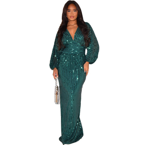 Women Dress Dress Sequined Long Sleeve V Neck Sexy Sequin Maxi Dress - Craze Trends