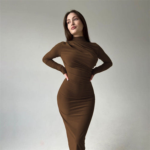 Autumn Winter Women Clothing Round Neck Long Sleeve Slim Sheath Solid - Craze Trends