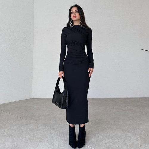 Autumn Winter Women Clothing Round Neck Long Sleeve Slim Sheath Solid - Craze Trends