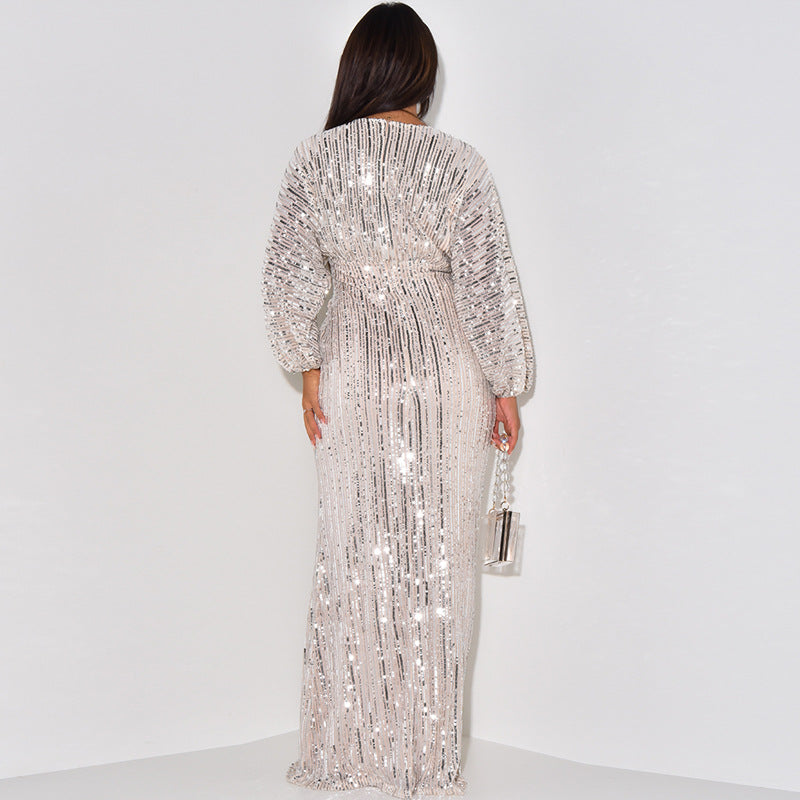 Women Dress Dress Sequined Long Sleeve V Neck Sexy Sequin Maxi Dress - Craze Trends