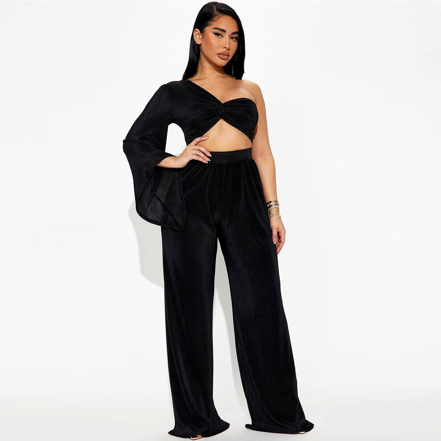 Autumn Sexy Shoulder Long Sleeve Top Trousers Two Piece Set - Craze Trends