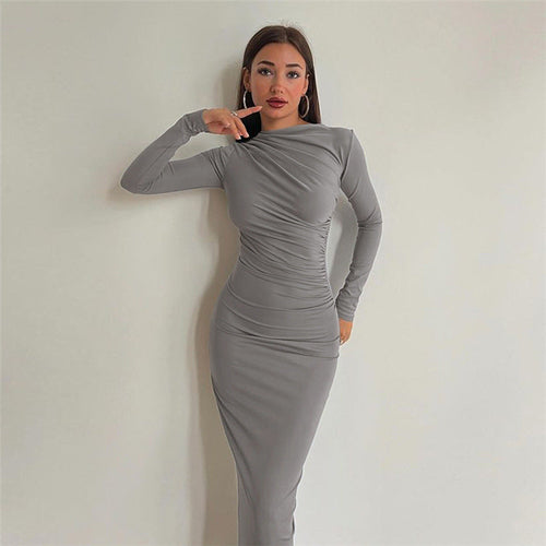 Autumn Winter Women Clothing Round Neck Long Sleeve Slim Sheath Solid - Craze Trends