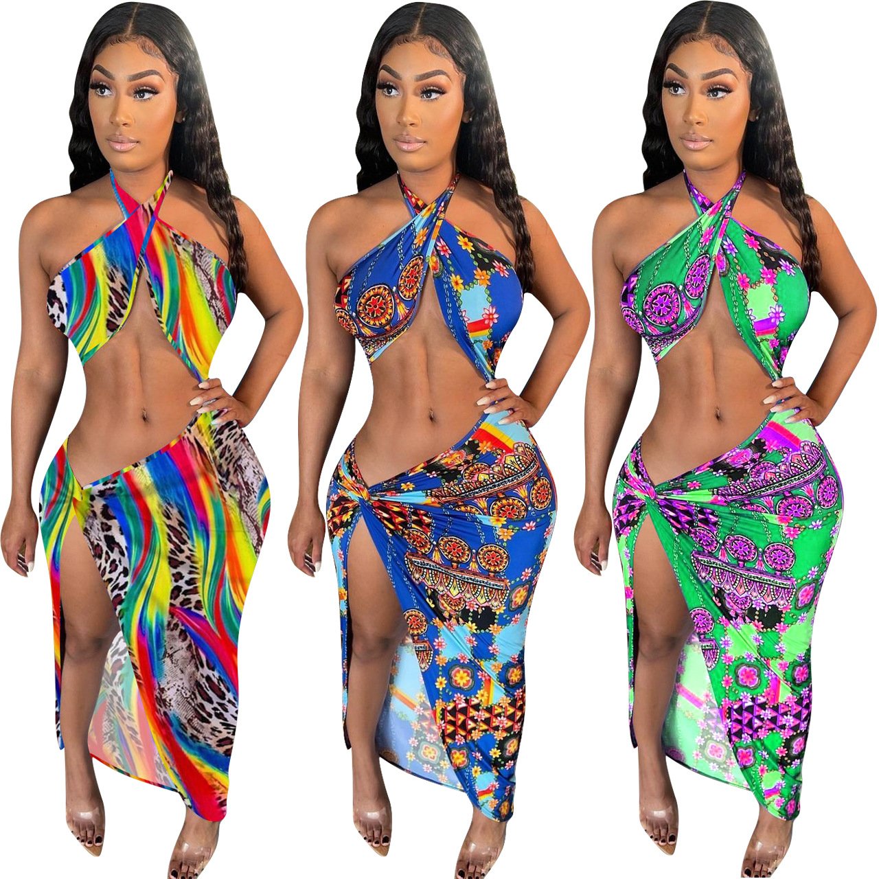 Women  Clothing  Irregular Slit Halter Navel-Exposed Fashion Printed